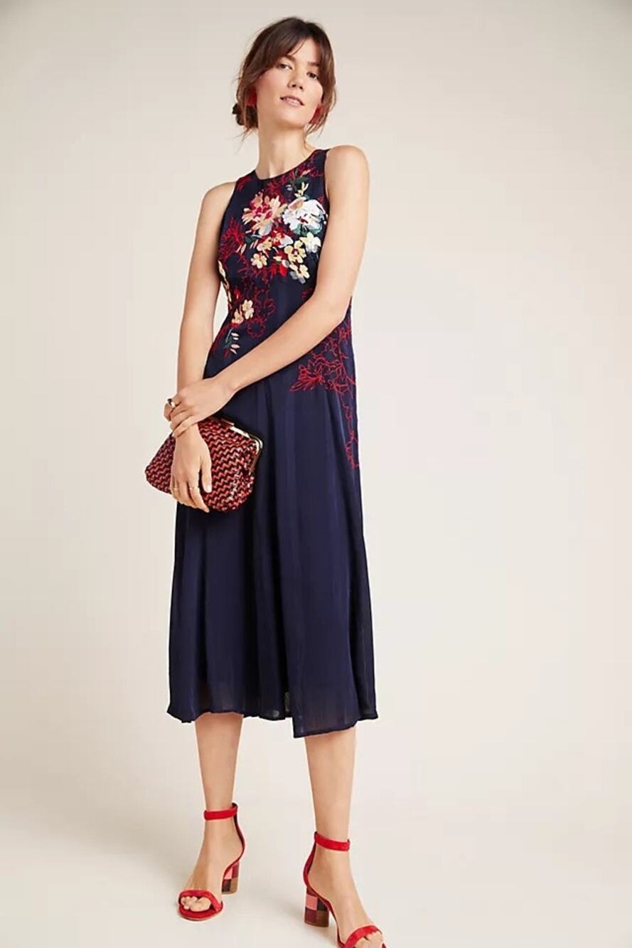 Anthropologie Womens 6 Blue Tanzine Embroidered Midi Dress Evening Party
